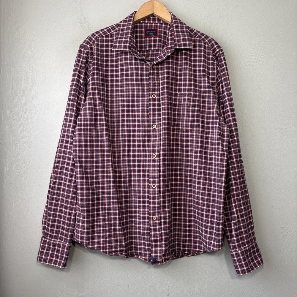 Untuckit Button Up Slim Fit Tesoro Shirt Mens Size Large Red White Blue Flannel